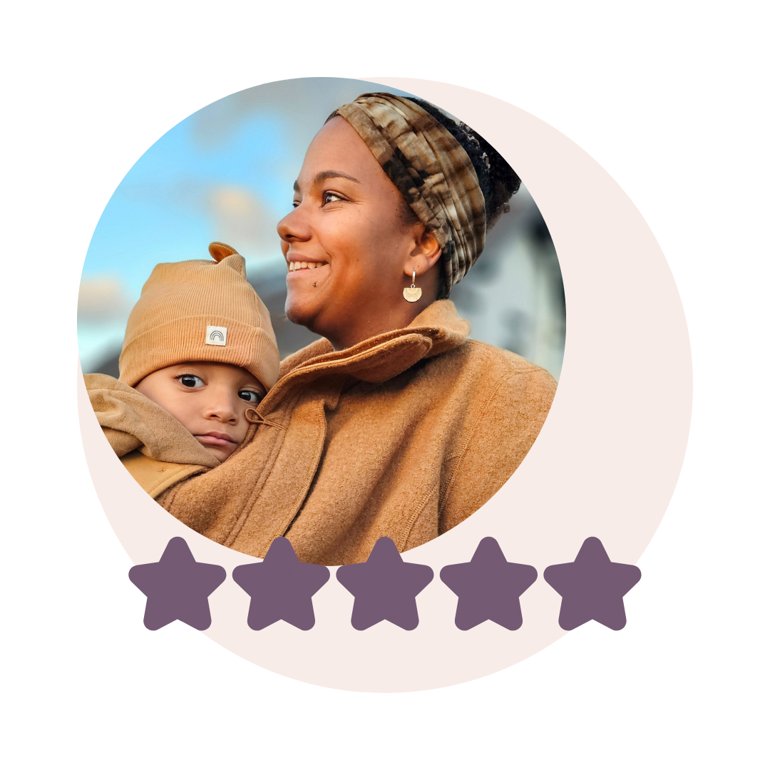 Mother with baby in circular photo with five-star rating below, positive review