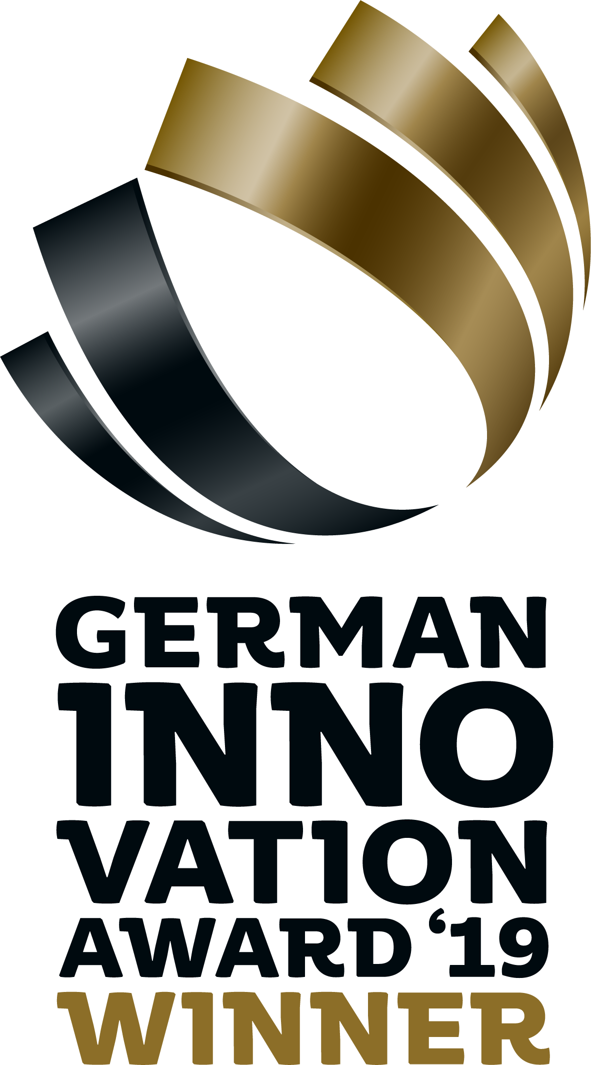 Black and gold seal “German Innovation Award 2019 Winner” with curved shapes