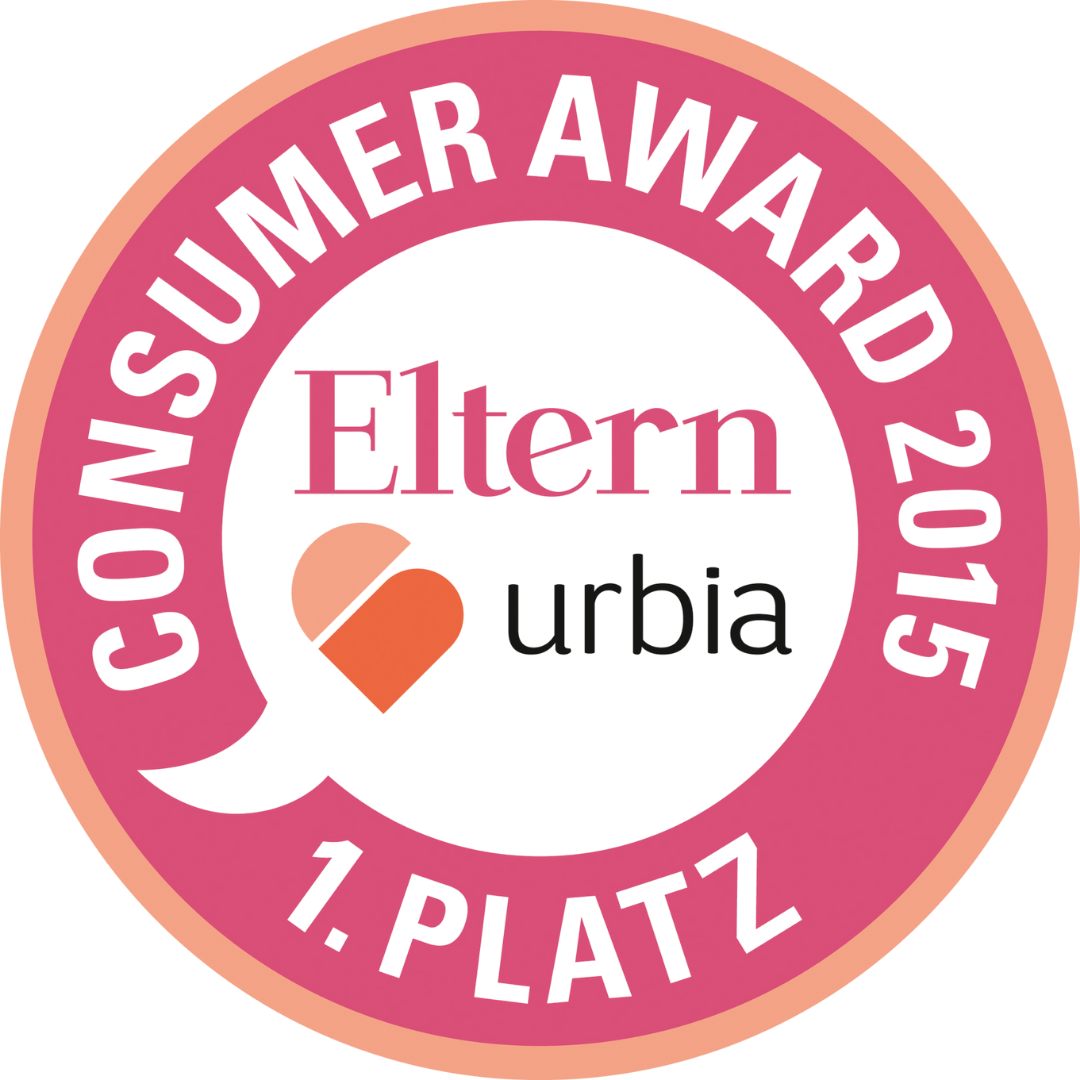 Round badge “Eltern Consumer Award 2015 – 1st place” with heart symbol and urbia logo
