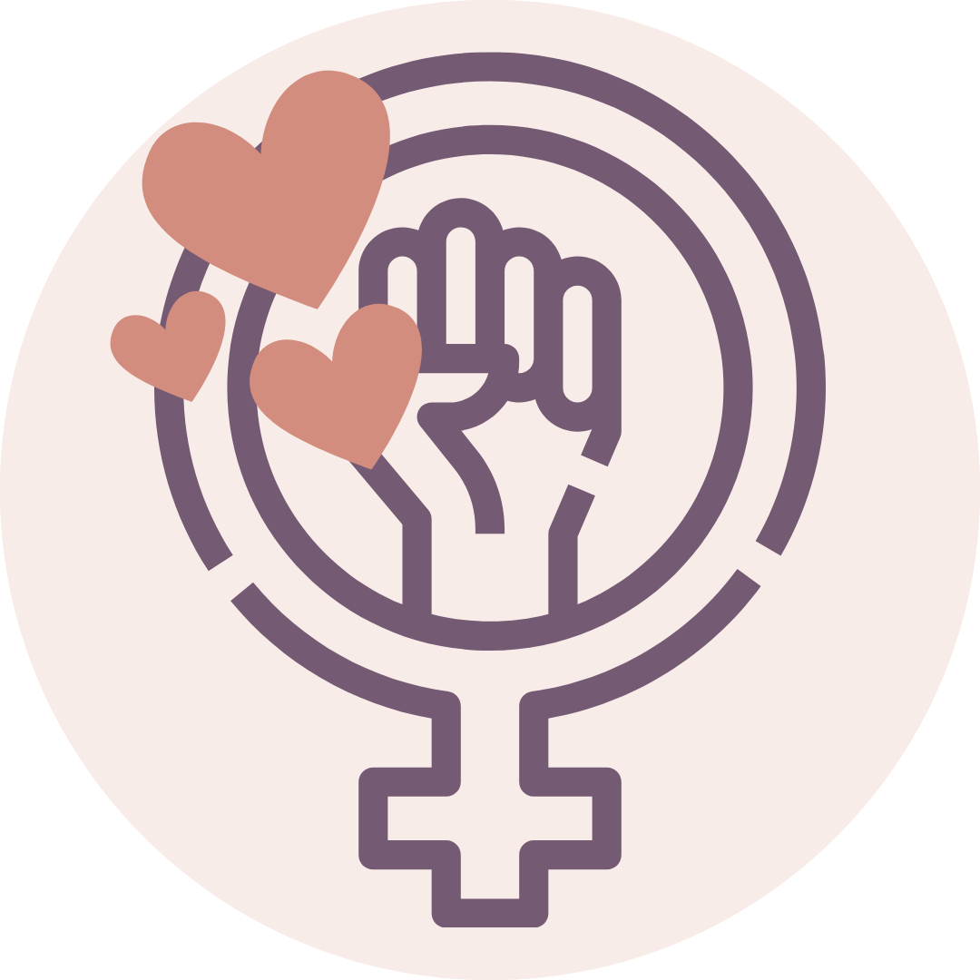 Illustration with Venus symbol, raised fist and hearts in warm tones