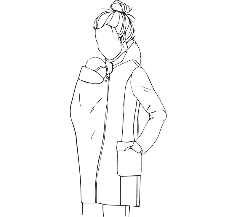 Simple line drawing of mother with baby in babywearing jacket, side view