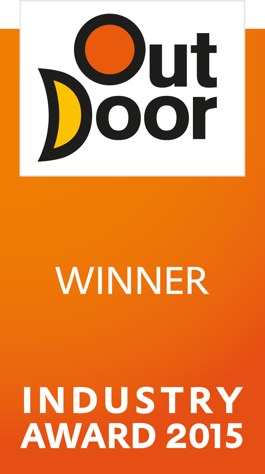 Orange seal “Outdoor Industry Award 2015 Winner” with black logo and text