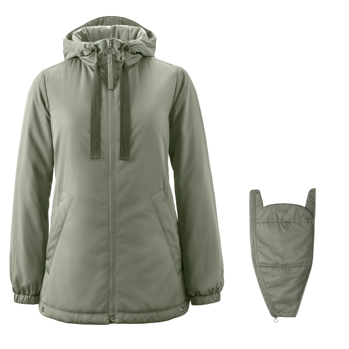 Eine graugrüne Tragejacke mit zusätzlichem Tragecover hinter neutralem Hintergrund.