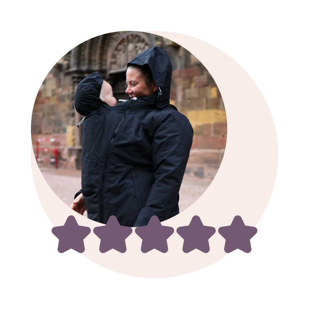 Mother with baby in dark babywearing jacket in circular image, five-star rating below