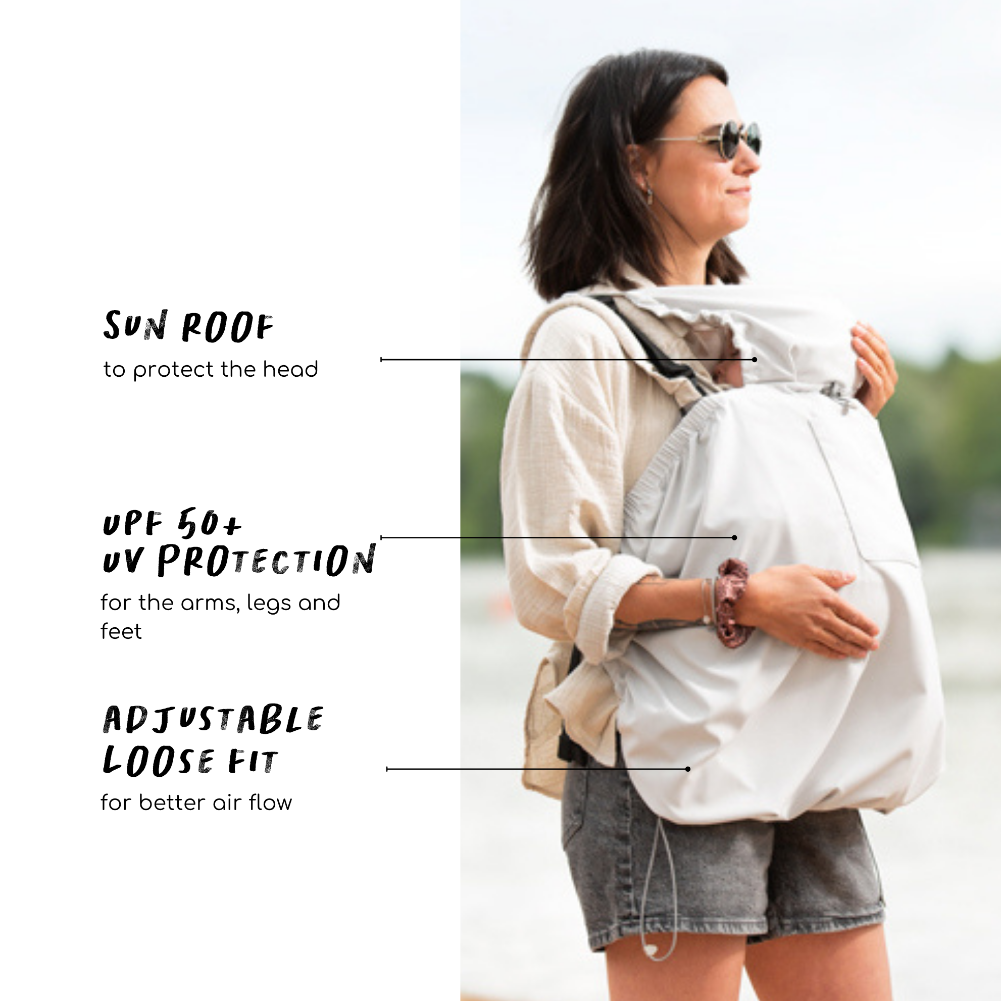 Features a sun roof, a UV protection and an adjustable loose fit