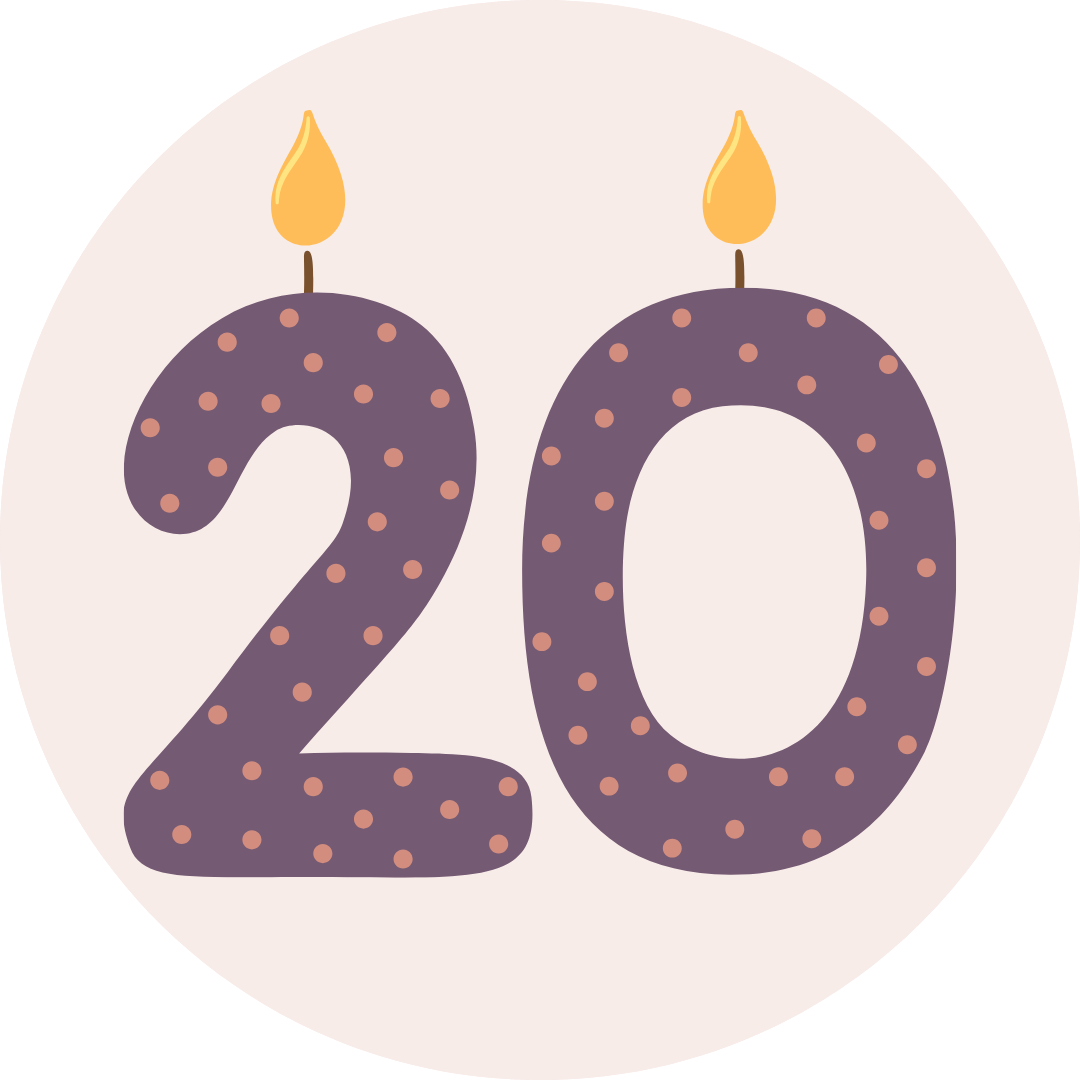 Illustrated number 20 with candle flames and dots in purple and pink