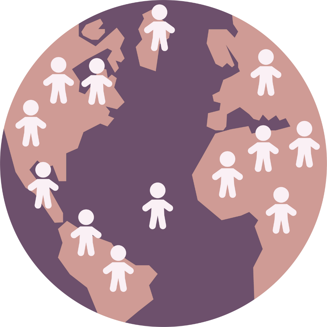 Illustrated world map with simple human figures spread across continents