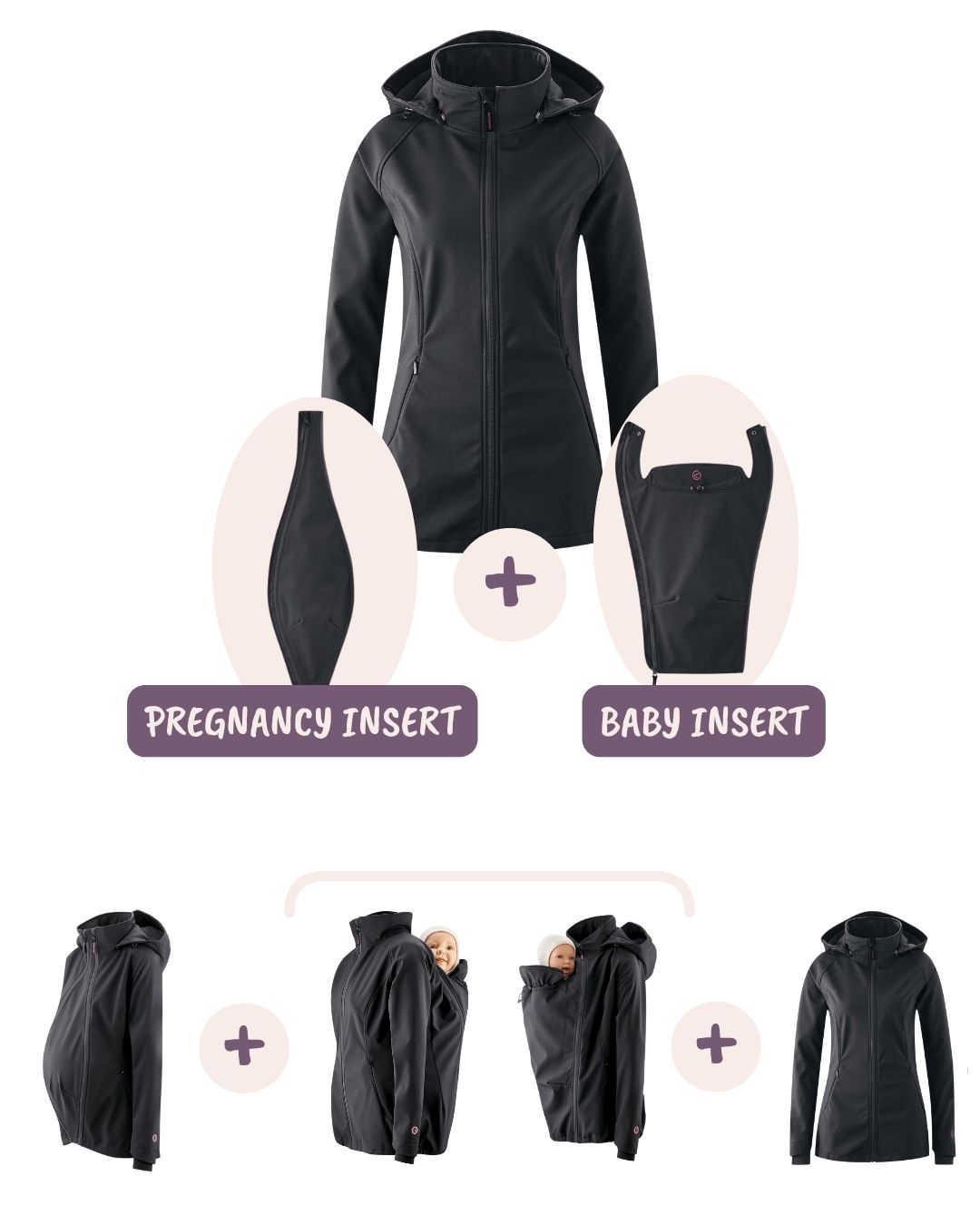 Black softshell jacket with pregnancy and baby insert, multiple wearing options shown