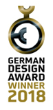 Round seal with “German Design Award Winner 2018” text in black and gold