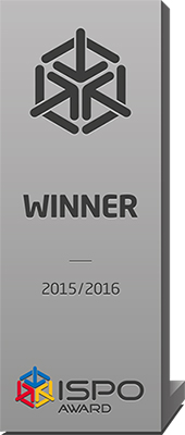 Grey ISPO Award seal “Winner 2015/2016” with geometric icon and colored logo