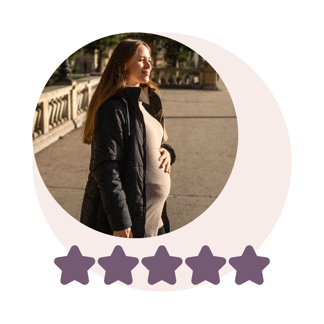 Pregnant woman in black jacket with baby bump and five-star rating below