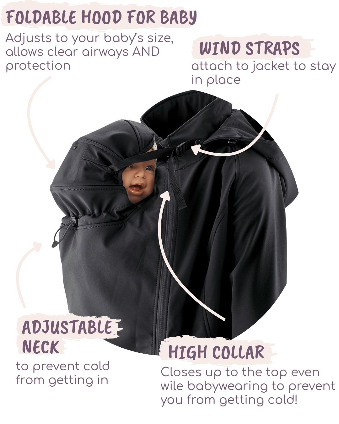 Baby in carrier under dark jacket with hood, high collar and wind protection details