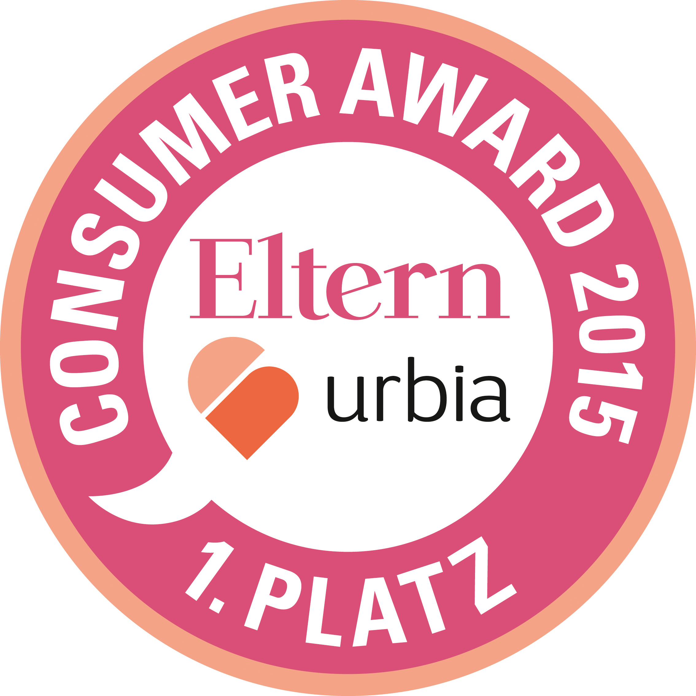 Round pink seal “Consumer Award 2015 – 1st place” by Eltern urbia